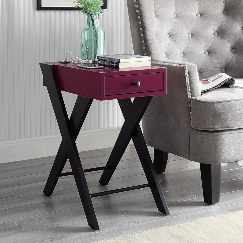Table d'appoint rectangulaire avec station d'alimentation, finition noire et bourgogne, tiroir simple pour accessoires, base ouverte, joint Kd, matériau, poignée de charge d'accent 24 po de hauteur, conception des pieds, assemblage,