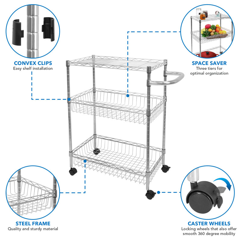 Silver 3-Tier Steel Rolling Utility Cart with Lockable Wheels