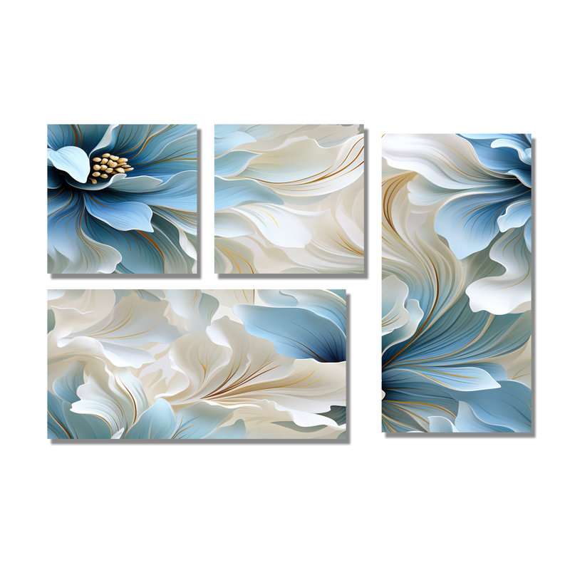 «Ethereal Blue and White Damask Dreams - Blue Wall Art», 4 pièces, Toile tendue, Ne s’applique pas