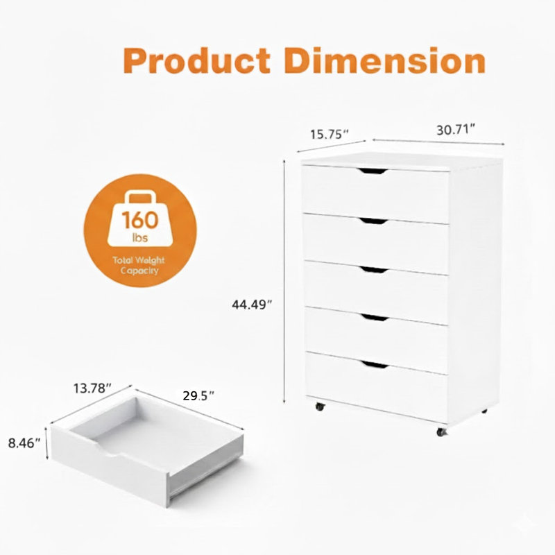 Commode à 5 tiroirs avec roulettes Accent, Blanc