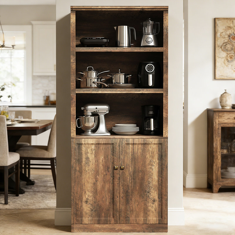 81.50"H Freestanding Kitchen Storage Cabinet Pantry Buffet Cabinet With Built-In Charging Station & Open Shelves for Dining Room,Entryway, Bathroom,Living Room, Brown