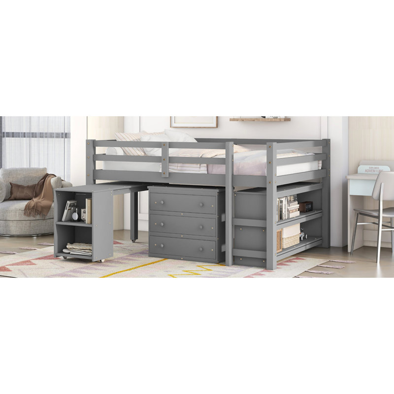 Lit mezzanine basse avec tablettes d'armoire et bureau à roulettes, Gris