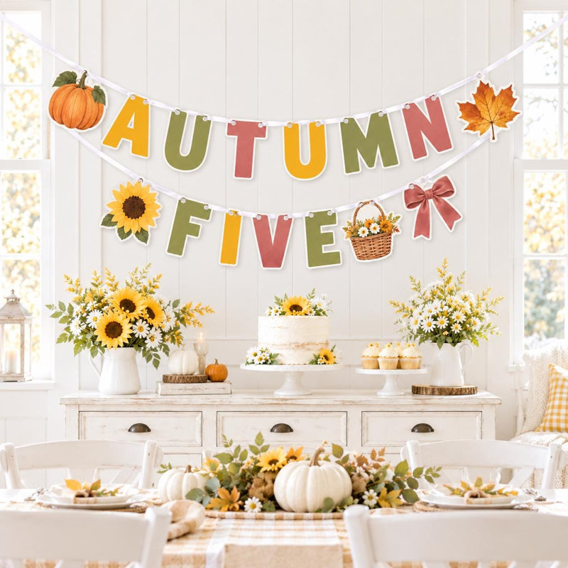Bannière d'anniversaire d'automne vintage, décoration pour une fête d'anniversaire de 5 ans, guirlande en carton faite à la main