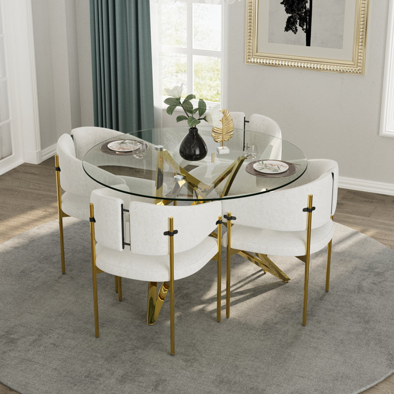 Chaises de salle à manger de luxe en velours avec accoudoirs et pieds en miroir, 4, Doré, Blanc