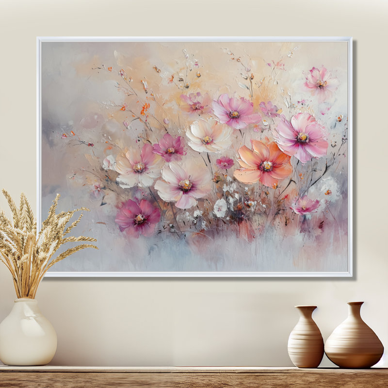 «Ingiberg Sunset» aux couleurs roses pastel, fleurs sauvages, H 34 po x l 44 po, Impression encadrée flottante, Blanc