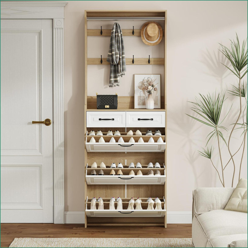 Shoe Cabinets with 3 Drop-Down Doors, 2 Drawers &amp; Hangers, Spacious Storage | Off-White | Hallway