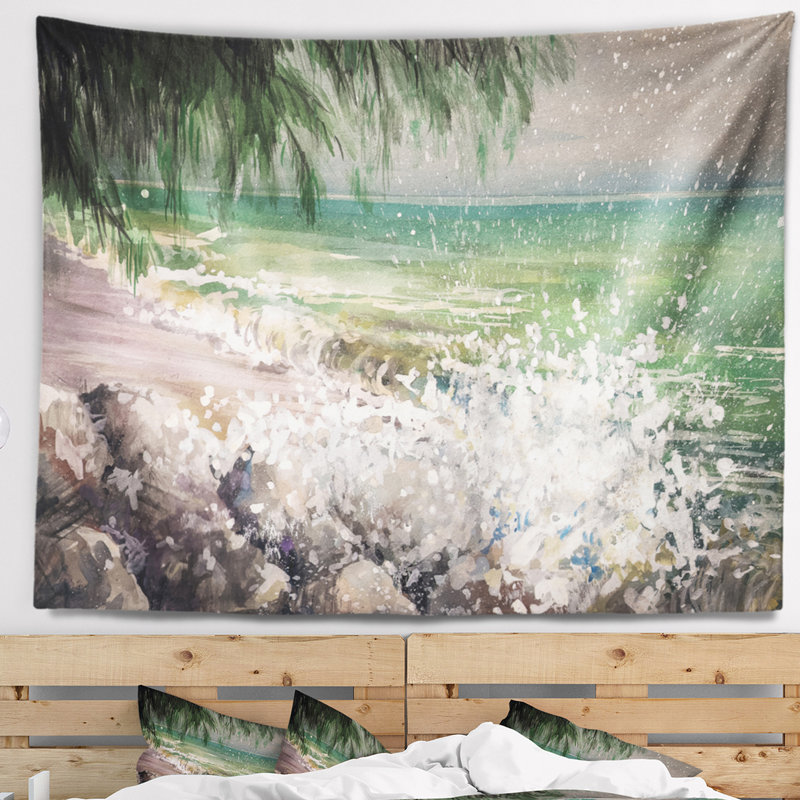 Tapisserie rocheet de mer avec vagues blanches, H 68 po x l 80 po