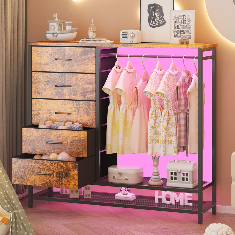 47.2'' W 5 - Drawer Dresser for Bedroom with Hanging Rack Led Lights and Charging Station, Brown