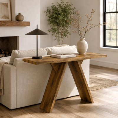 Console, table d'entrée étroite de 43,4 pouces de long avec base en forme de V, console de canapé rustique pour le couloir, le salon, le canapé derrière