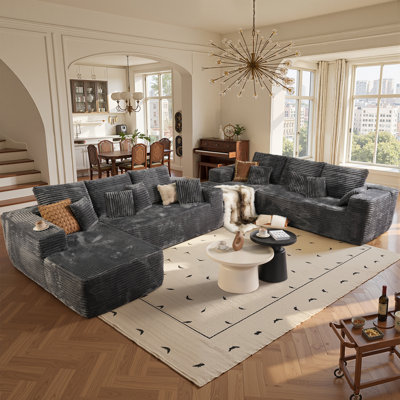 Canapé modulaire en velours côtelé Cloudelle moelleux avec méridienne en L, aucun assemblage requis