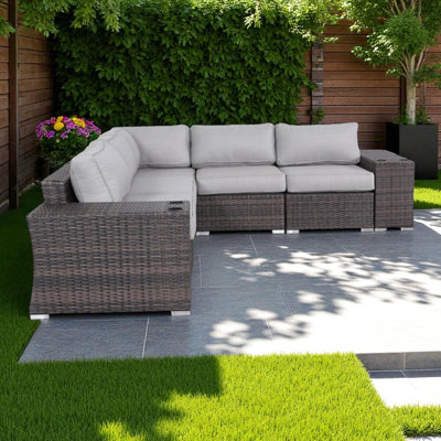 Canapé modulaire d'extérieur 7 avec disposition réversible, structure en aluminium et sièges anti-égratignures, coussins résistants aux intempéries, housses pour patio