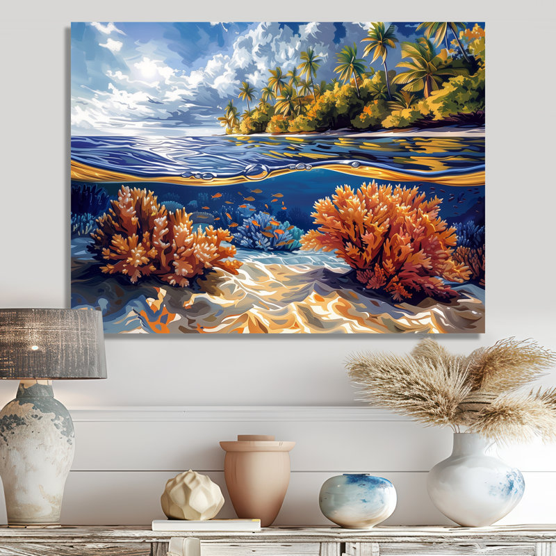 Impression d'art mural brun et bleu grande barrière de corail III - corail, Sans cadre, métal, H 30 po x l 40 po