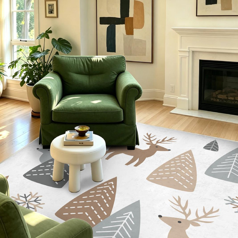 Tapis d'intérieur blanc à motif de renne lavable à la machine avec motif cerf, Rectangle 55 po x 79 po