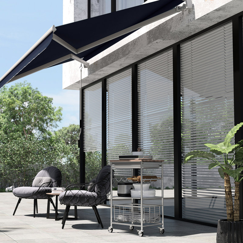 10' X 8' Retractable Deck Awning - Blue & Water- Protection, With Aluminum Frame And Crank Control For Patio, Balcony, Yard Canopy,