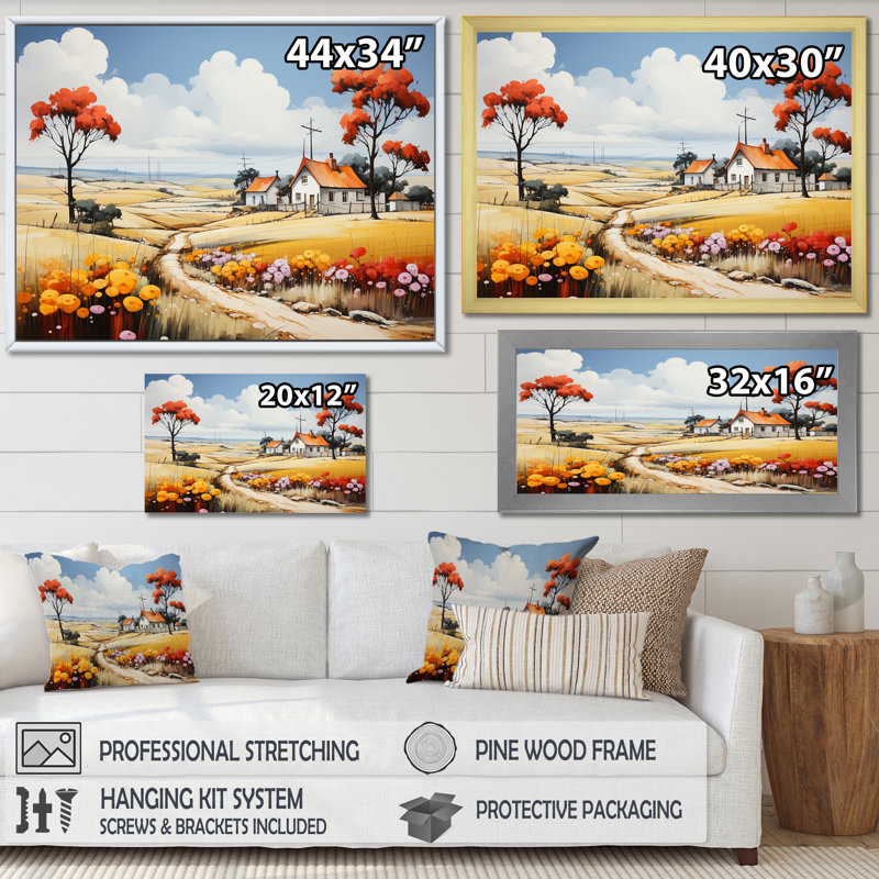 «Country Side De Stijl Lansdcape I», impression d'art mural campagne, Cadre simple noir, H 24 po x l 32 po x P 1 po