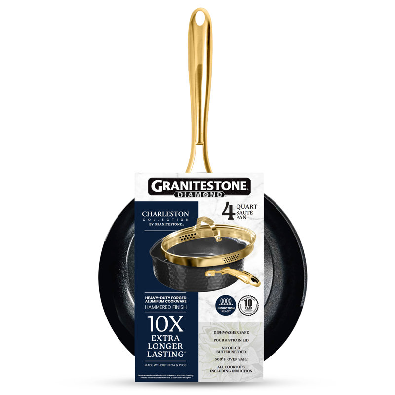 Granitestone Charleston Collection Hammered Black 4 Qt Deep Saute Nonstick Pan with Lid