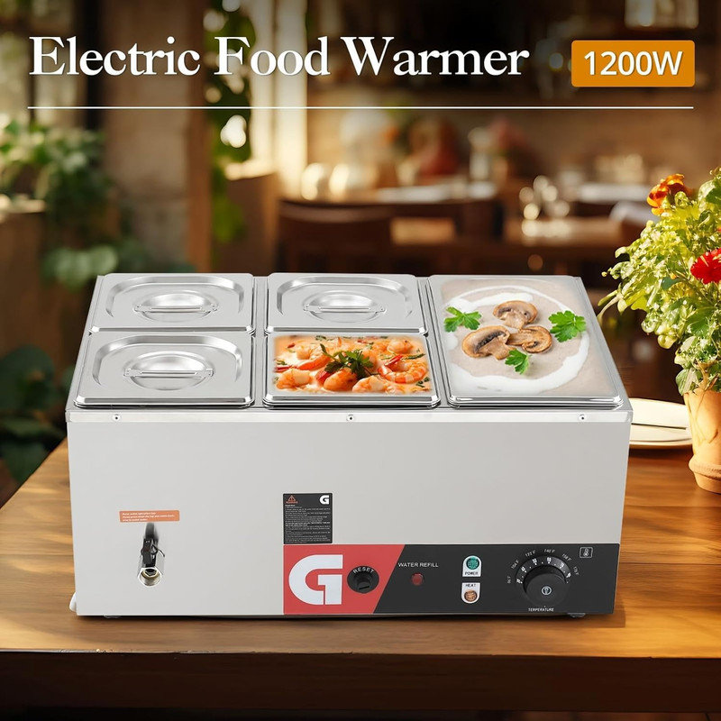 Chauffe-plat commercial en acier inoxydable 1200W à 5 plaques avec couvercles et louches pour restaurants