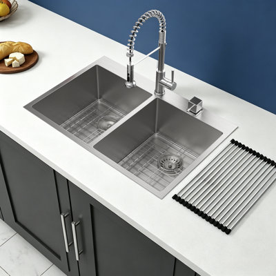 Topcraft 33“ X 22” X 10" Drop-In 16-Gauge Stainless Steel Double-Bowl Kitchen Sink With Accessories (50/50)