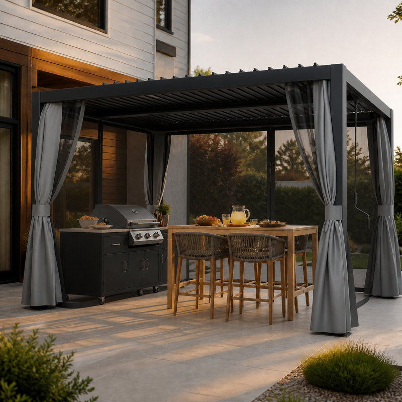 Pergola à auvent noir avec rideaux d'intimité et moustiquaire FLISE 10 pi x 12 pi, 10 pi x 12 pi, Black
