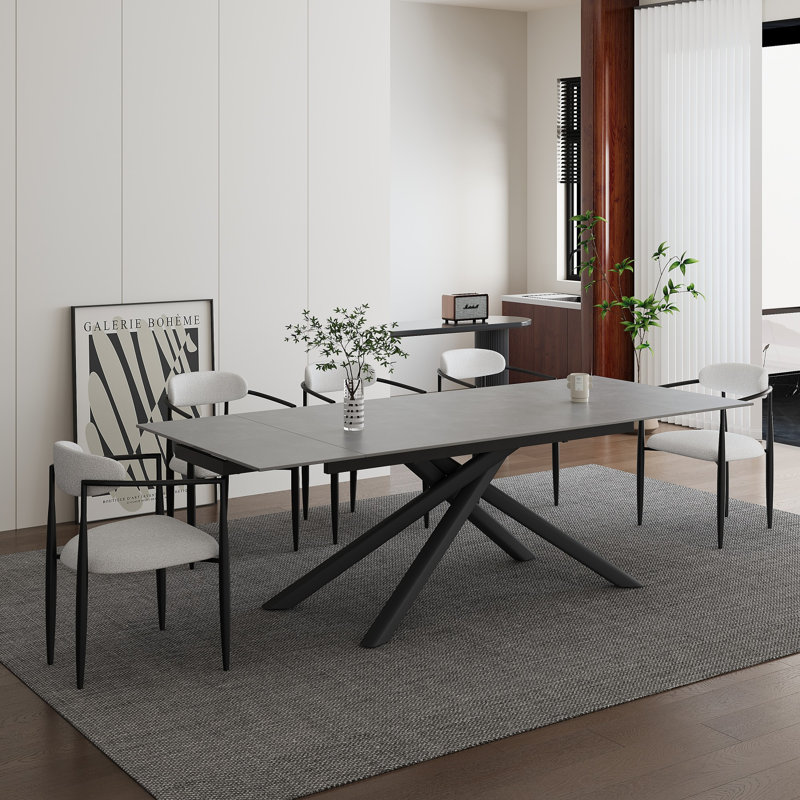 Ensemble de salle à manger rectangulaire avec chaises en tissu 70,8 "à 102,3" Louina, Gris, Blanc / noir, 9