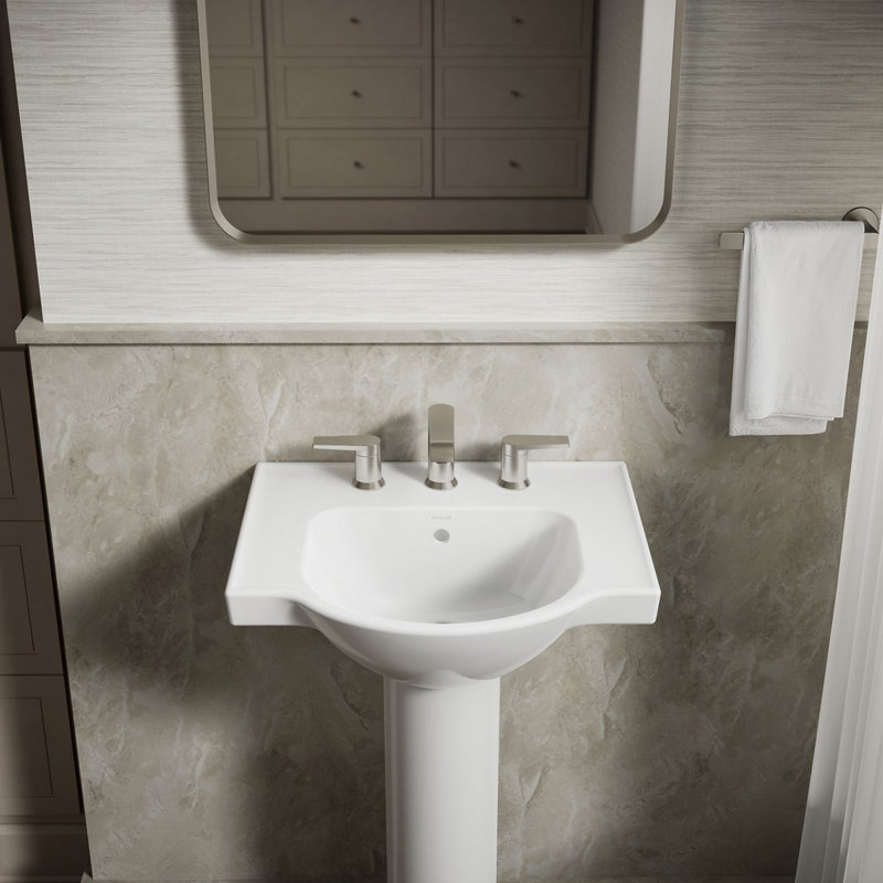 Veer™ Ceramic Pedestal Bathroom Sink with Overflow, White, 8" Centers, 35.5" H x 21" L x 18.25" W