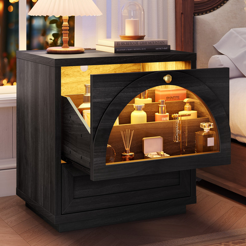 21.26'' W Nightstand With 2 Drawers Charging Station & Led Lights For Bedroom Living Room