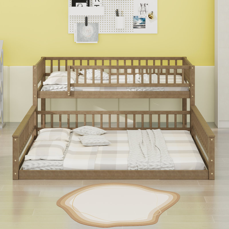 Lit superposé convertible en bois avec échelle et garde-corps, Noyer
