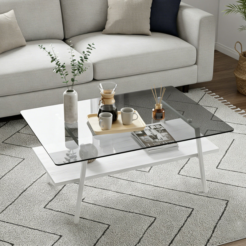Table basse rectangulaire en verre avec tablette en bois et structure en métal, table de salon moderne, Brun / Noir, Gris