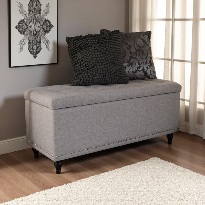 Banc de rangement Arhaam, revêtement en tissu beige grisâtre, capitonné, H 18,48 po x l 41,55 po x P 16,48 po