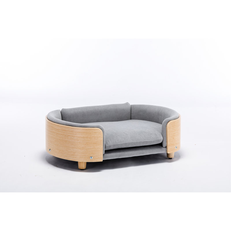 Lit pour animaux de compagnie de style scandinave surélevé pour grands animaux de compagnie, pieds en bois massif, mousse à mémoire de forme à fort rebond et coussin en velours teinté, chien gris moyen facile à installer avec esthétique, dossier courbé, égratignure amovible