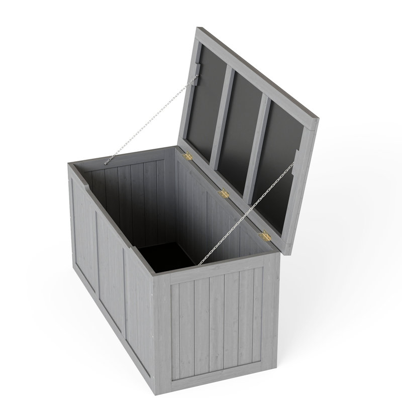 Boîte de rangement extérieure en bois massif 67 gallons pour coussins de meubles de patio, accessoires de piscine et outils de jardinage, gris, sécuritaire et à faible entretien