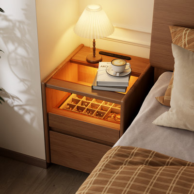 LED Nightstand with Charging Station and Jewelry Storage, Narrow Bedside Table with Drawers and Wheels, Modern Small Night Stand for Bedroom Living Room