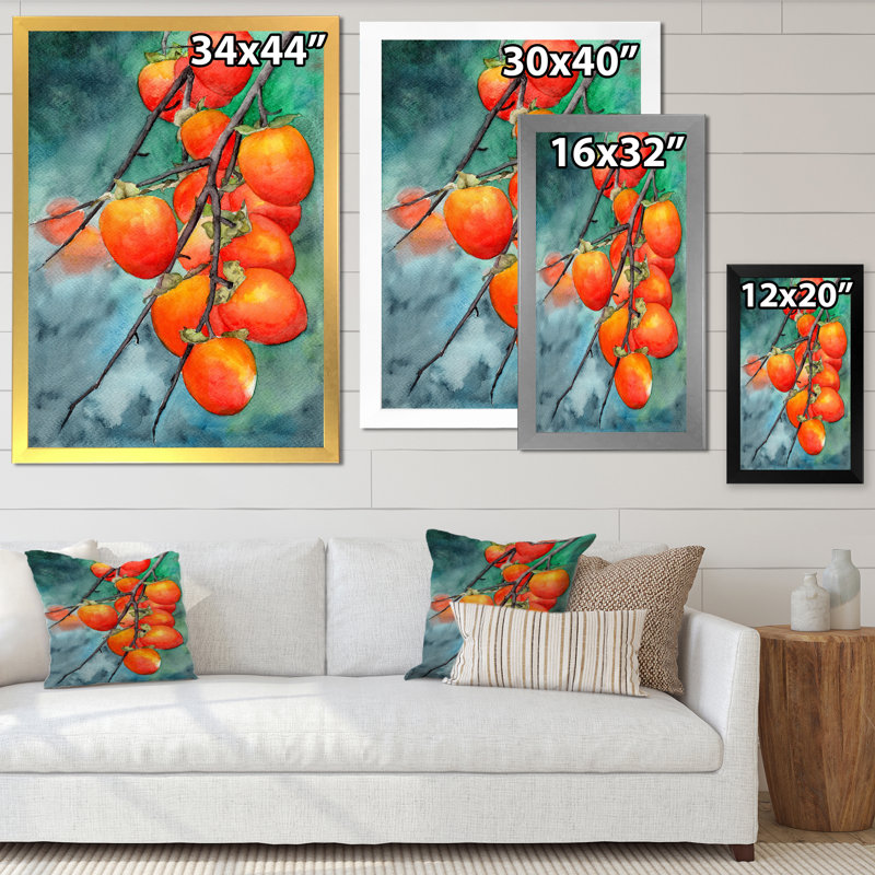 Ripe Persimmons on Branches on Green - peinture sur toile, H 40 po x l 30 po x P 1,5 po, Cadre photo noir
