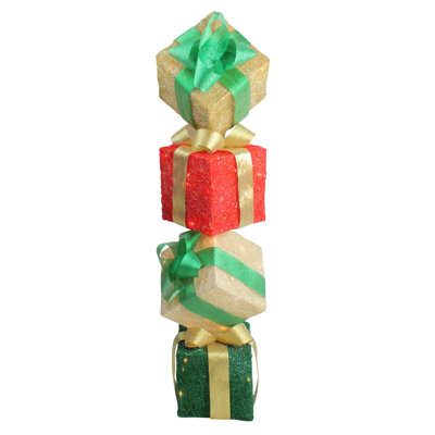 45" Red and Green Lighted Stacked Gift Boxes Tower Outdoor Christmas Decoration