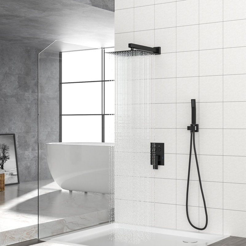12 Inch Square Wall Mounted Dual Shower Head Matte Black System, - Balanced Scald,  Thin Rainfall Head, 360 Adjustable, Multifunctional For All Needs Function With Valve, Experience, Swivel, And