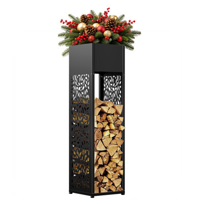 Falling Leaves Galvanized Steel Firewood Log Rack with Planter Box, Black Sand