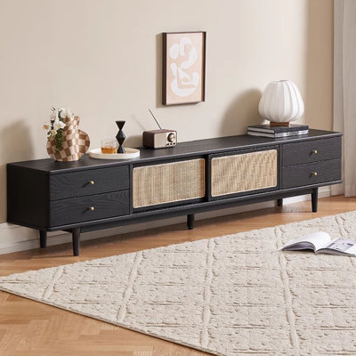 Solid Oak TV Stand with Sliding Rattan Cabinet