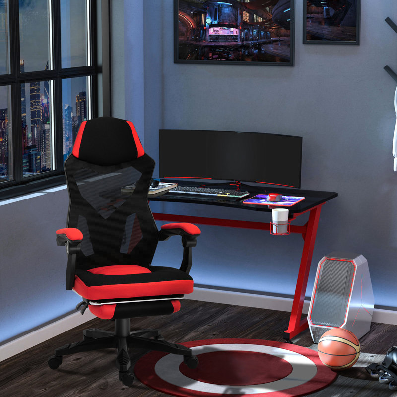 Fauteuil ergonomique - Fauteuil à haut dossier rouge avec repose-pieds pour bureau avec dossier en filet, dossier lombaire, hauteur réglable, roulette pivotante
