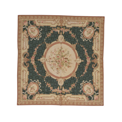 Tapis carré vert, beige et brun noué à la main de haute qualité