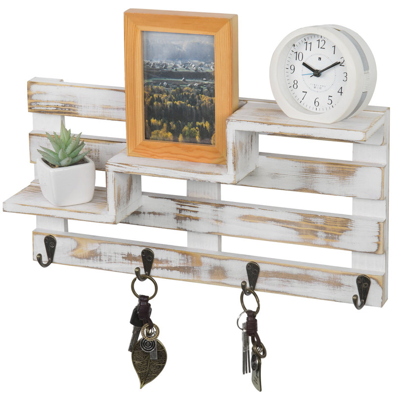 Deschamp Wall  4 Hook Wood Organiser with Key Hooks, White