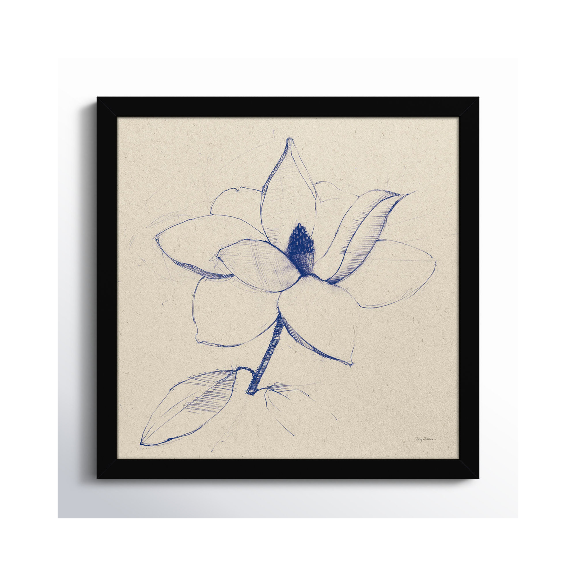 Modern Vintage Floral II Indigo by Everlean - Single Picture Frame Print, 17" H x 17" W x 1" D, Black