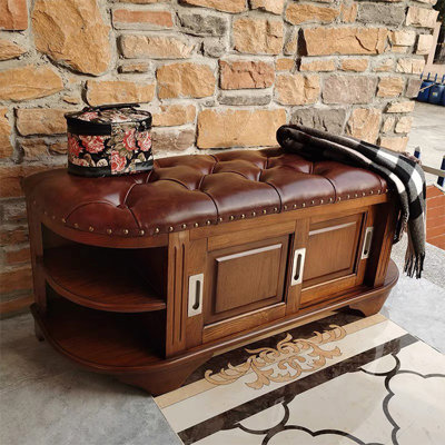 Banc rembourré en cuir véritable brun noisette