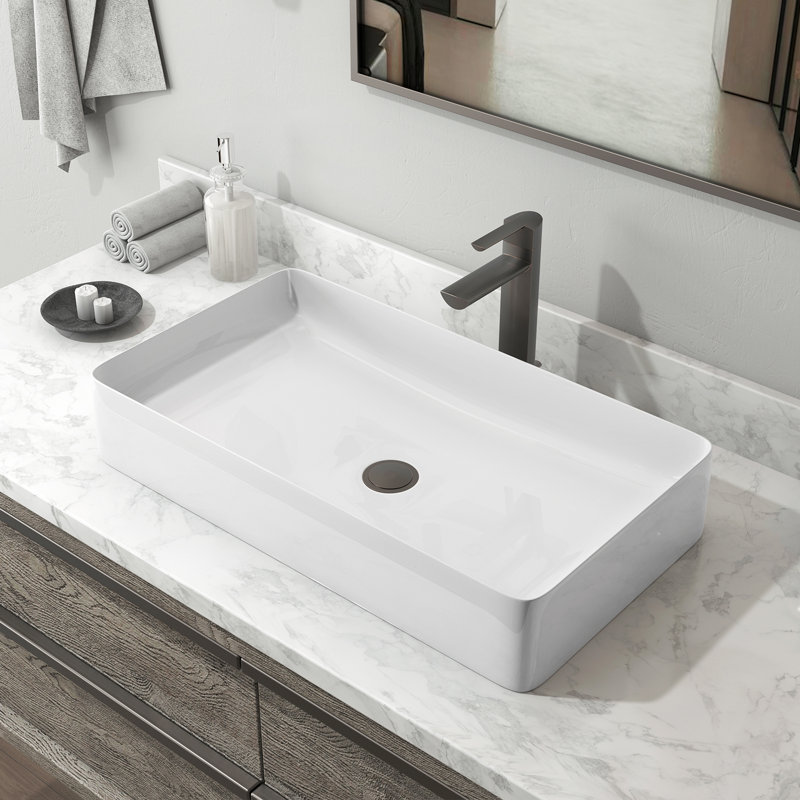 Sinber 24" x 14" x 4.3" White Rectangular Ceramic Countertop Bathroom Vanity Vessel Sink