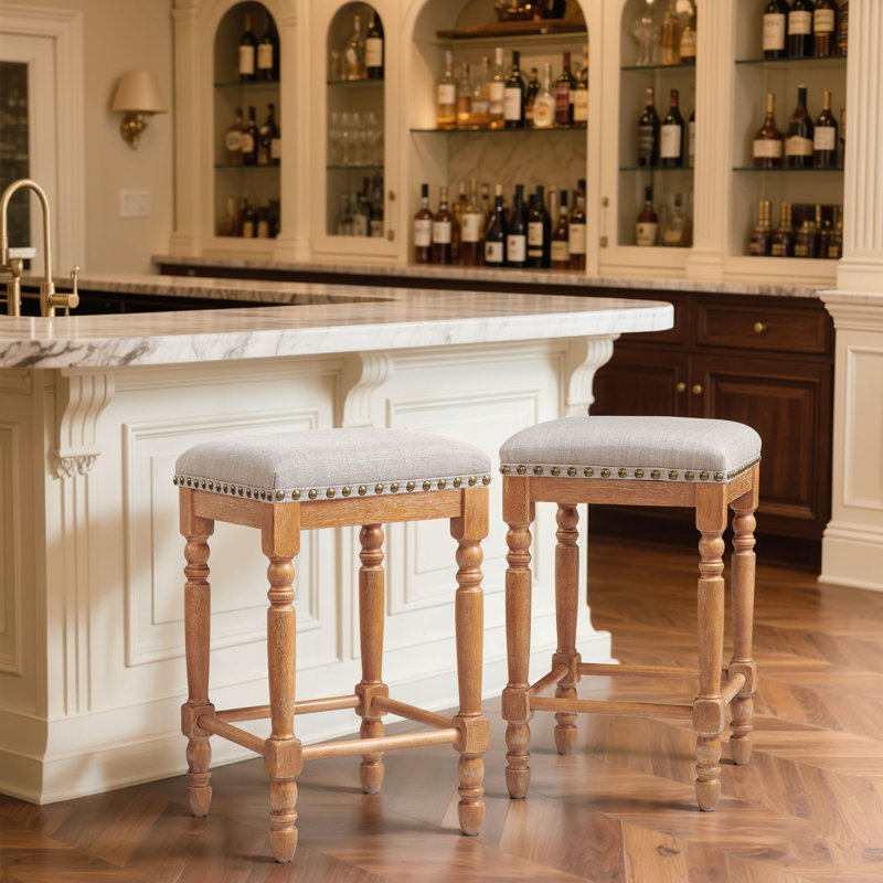 Bar Stools for Kitchen Island & Dining Room, Solid Wood Backless Counter Stools with Linen Upholstery, Nailhead Trim and Rustic Frame for Home Bar
