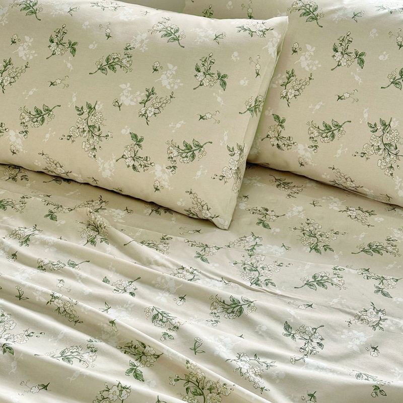 Ensemble de draps 100% coton, Ensemble de draps pour très grand lit californien, Motif floral jaune