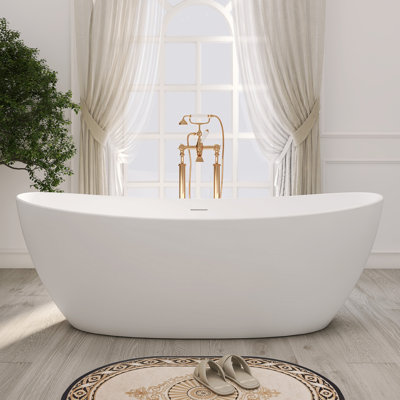 73"×33" Freestanding Bathtub Solid Surface Deep Soaking Tub Double Slippers