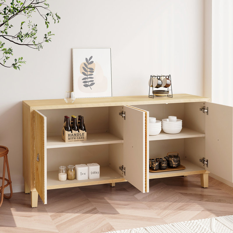 Buffet à motifs pour la vie, la salle à manger et l'entrée - Vaste espace de rangement (armoire à 4 portes naturelle avec solution Wave