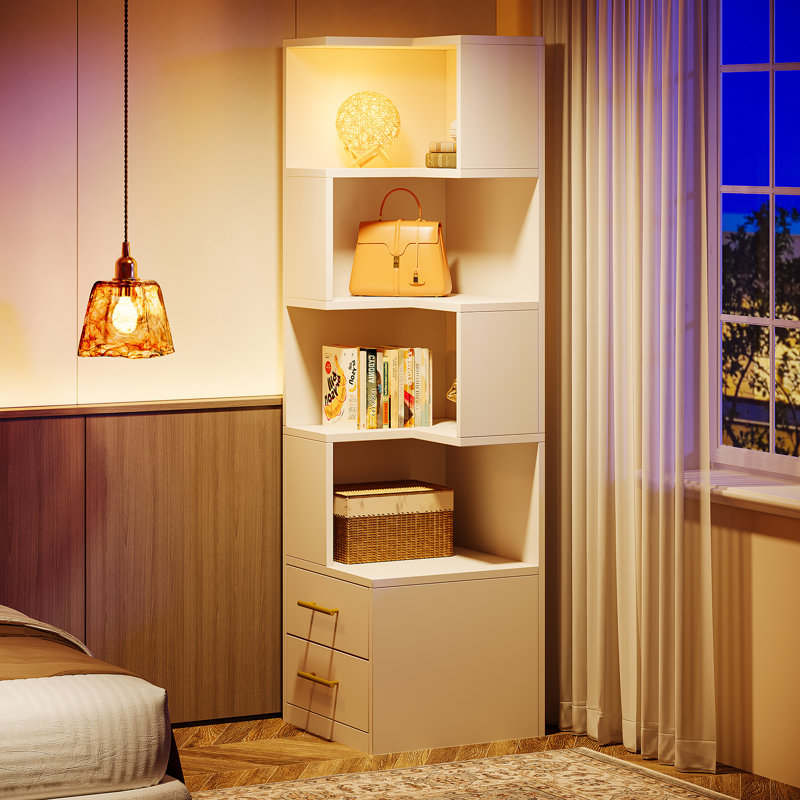66.9" H Corner Bookcase With 5-Tier Shelf And 2 Drawers, L-Shaped Corner Storage Shelf Bookshelf, White