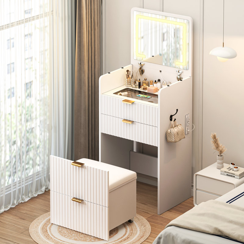 Bureau de maquillage avec miroir et lumières, petite table de coiffeuse 3 en 1 avec plateau en verre visible, plateau rabattable et 3 tiroirs, commode compacte avec tabouret de rangement pour chambre à coucher, bureau ou table de chevet