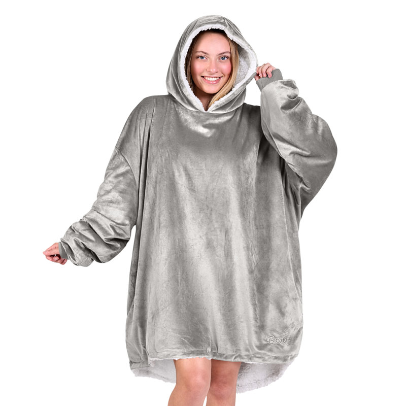 Couverture en sherpa à capuche portable, Gris clair, Adulte